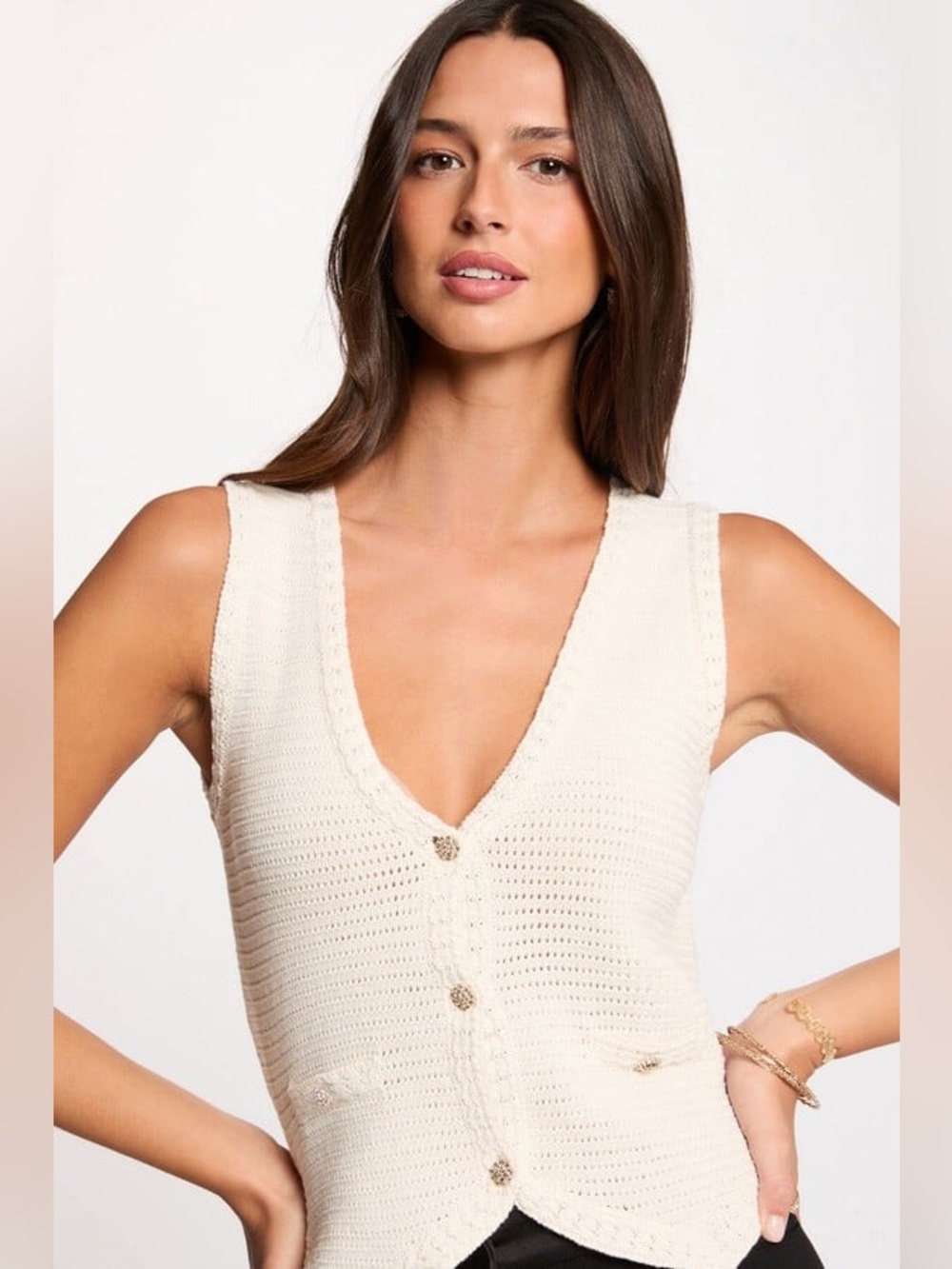 NWT Morgan de Toi Cream V-Neck Knit Buttoned Vest size L